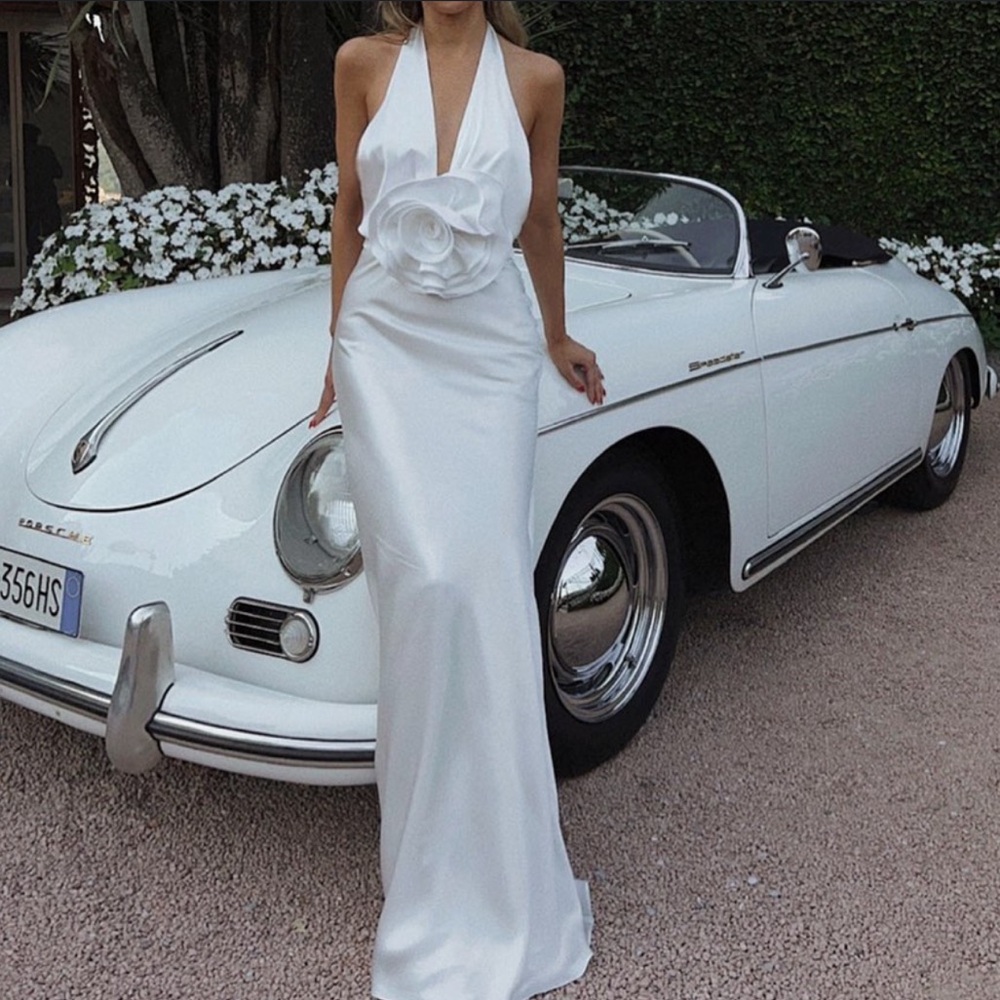 The Bar White Satin Halter Maxi Dress with Floral Waist